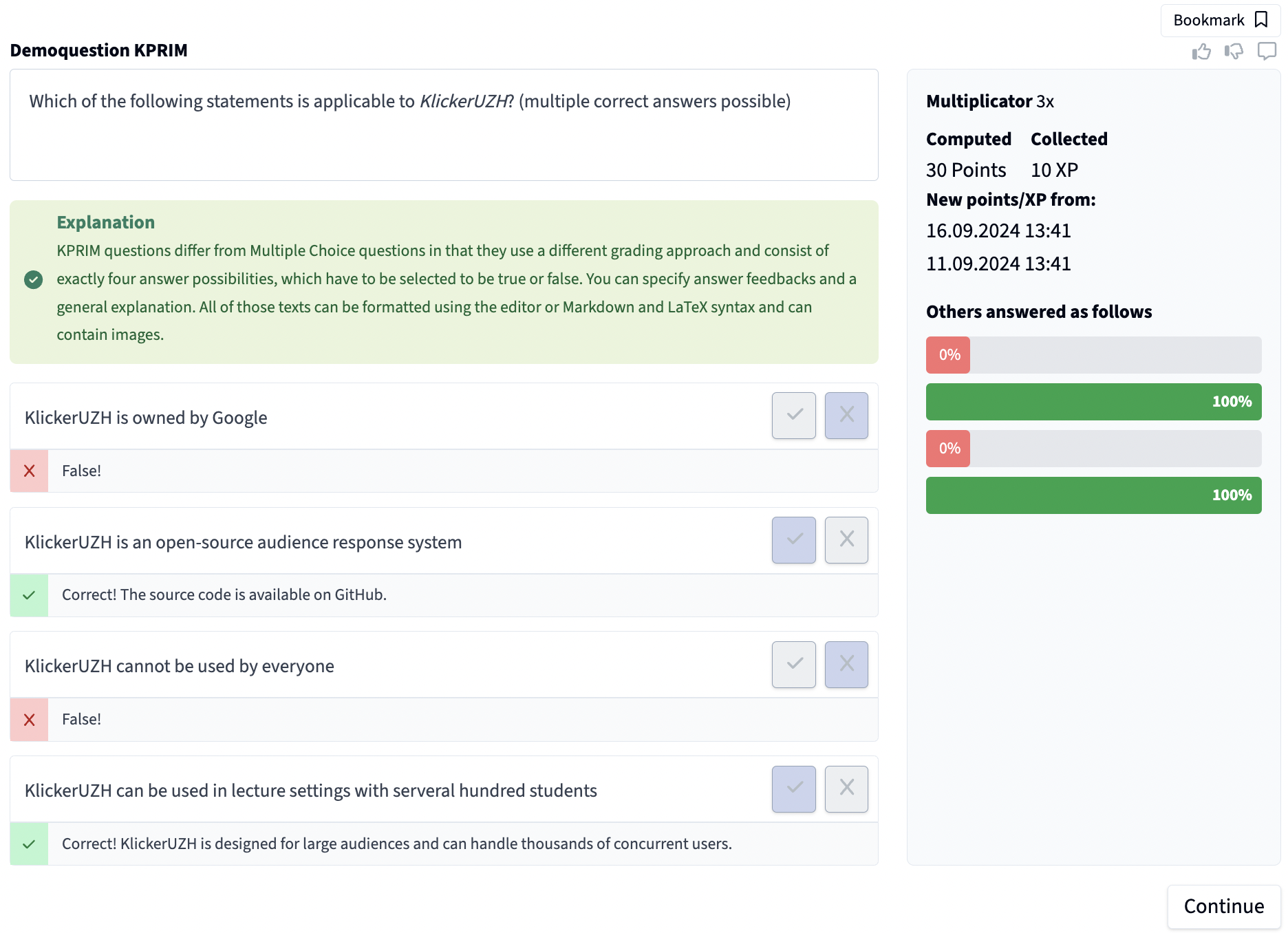 Kprime Question - Student View with Feedbacks