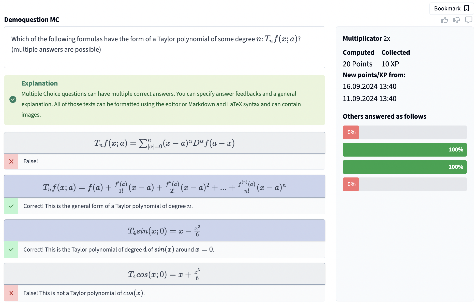 Multiple Choice Question - Student View with Feedbacks