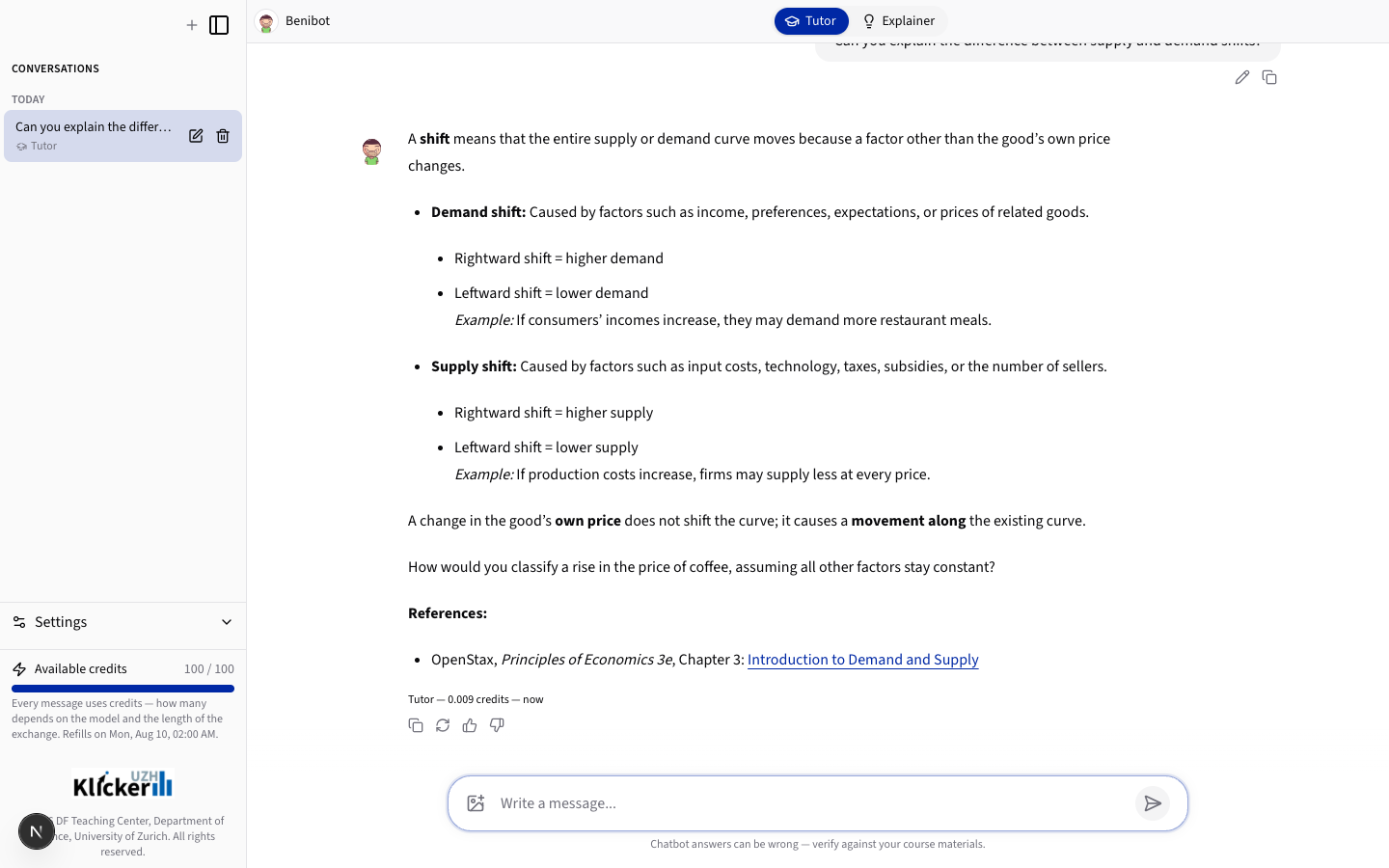 Course chatbot with the conversation sidebar on the left and a streamed answer to a student question