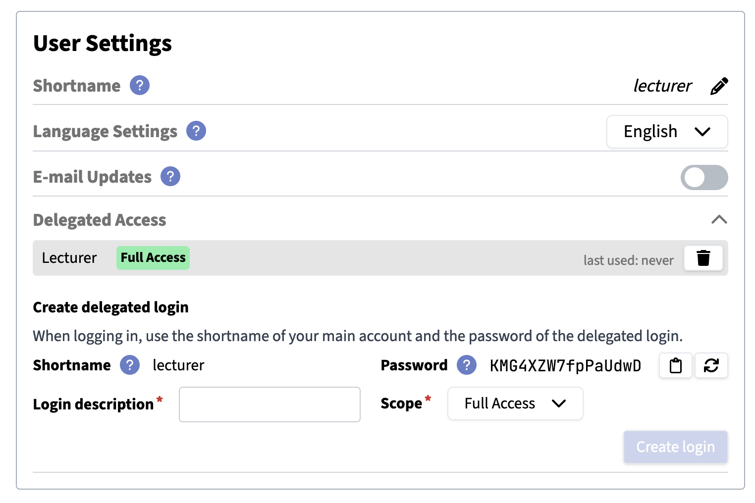 Delegated Access Settings